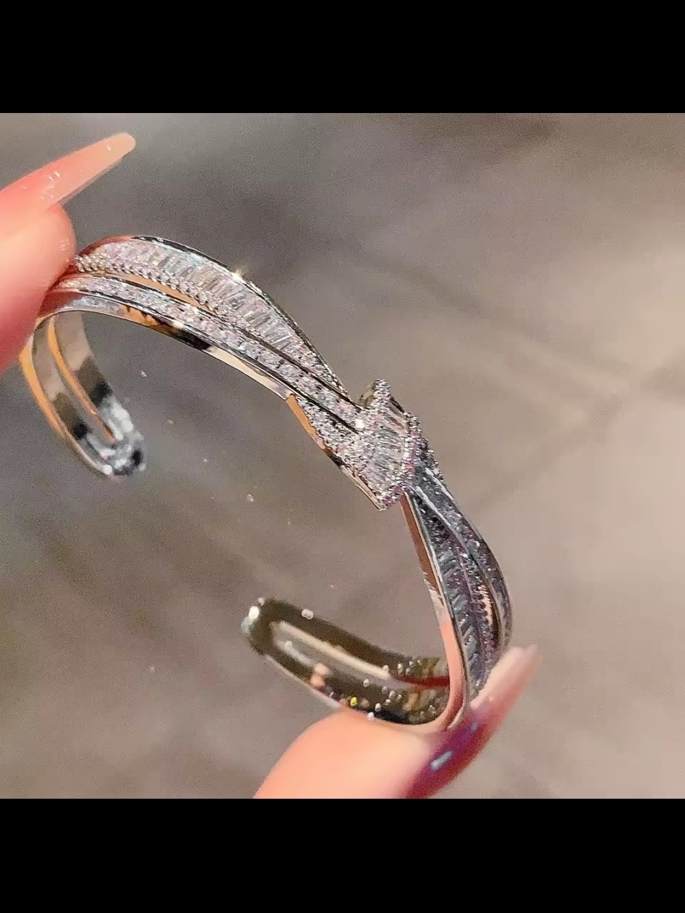 Crystal-Accented Silver Cuff Bracelet - Sparkling Wave Design